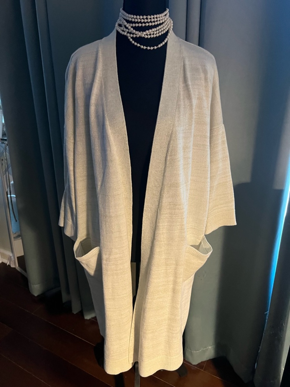 Liz Claiborne Sparkle Knee-Length Open Cardigan Sweater Cream Gold L